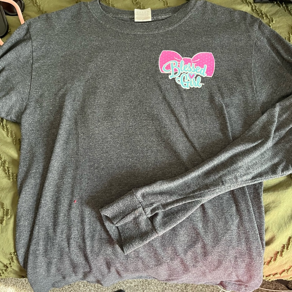 Fruit of the Loom Gray Long Sleeve Tee with Pink Graphic